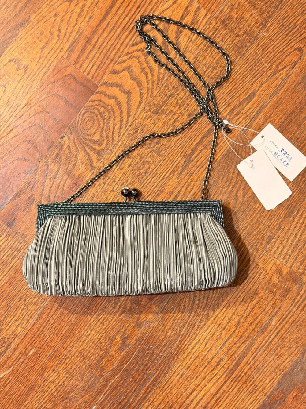 Franchi Slate Pleated Cocktail Clutch/Evening Bag with Chain Strap